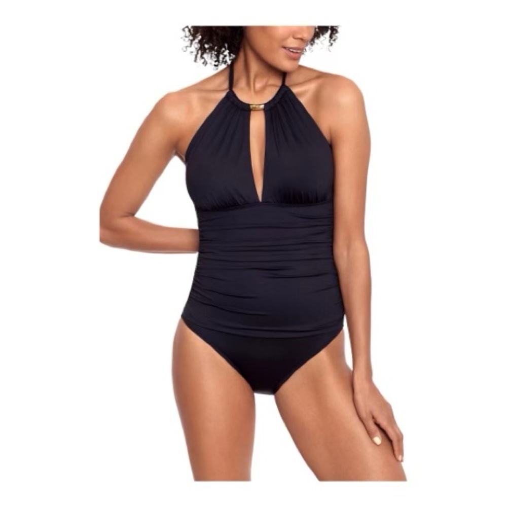 Ralph Lauren black one piece halter top bathing suit with gold accent swimsuit